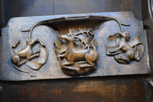 F)The white hart badge used by Edward IV as heir of Roger Mortimer, 4th earl of March, who was himself named heir of Richard II. The white hart was prominent on banners at Arthur’s funeral in April 1502. From a misericord in St Laurence church, Ludlow